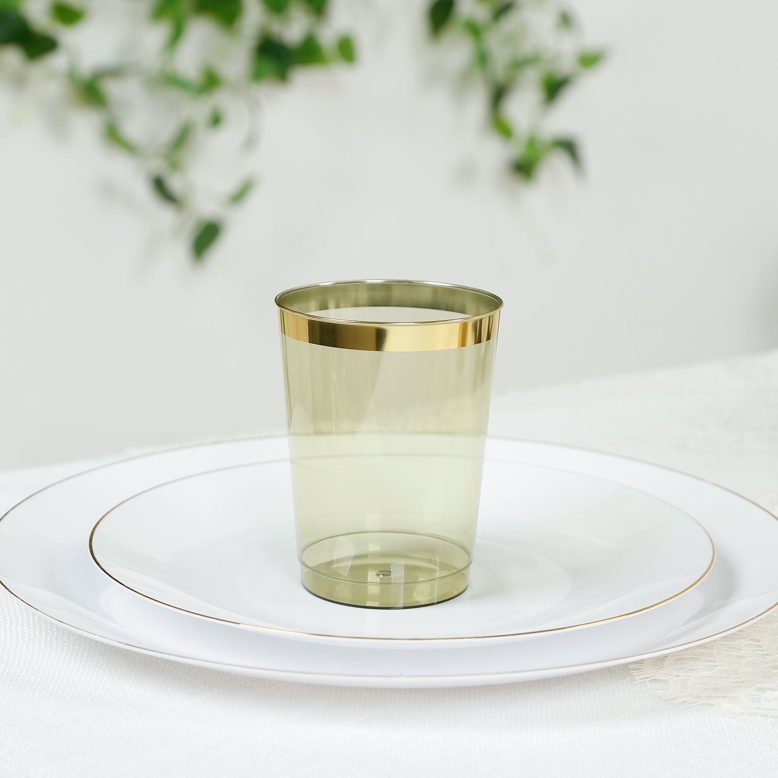 25-Pack Plastic Tumbler Cups 10oz Transparent Dusty Sage Green with Gold Rim - Disposable Crystal Drinking Glasses for Parties